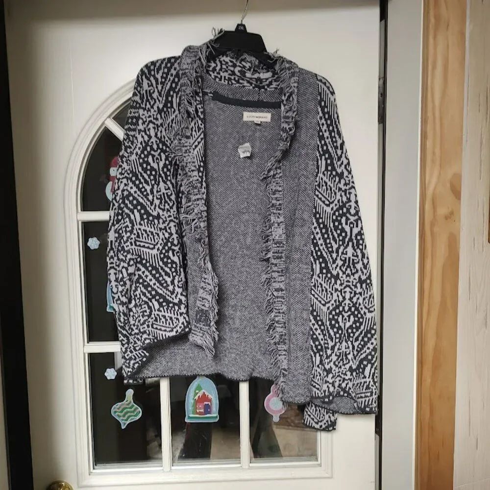 New Lucky Brand Gray Fringe Open Front Long Sleeve Cardigan Size Women's L